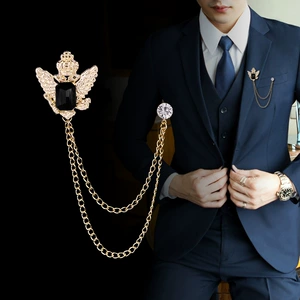 Vintage College Style Eagle Brooch with Alloy Material and Water Diamond Tassel Chain for Men