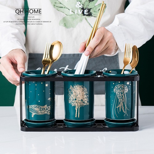 Nordic light luxury dark green chopstick tube large capacity three-tube drain chopstick holder chopstick cage knife, fork, spoon and chopstick storage box