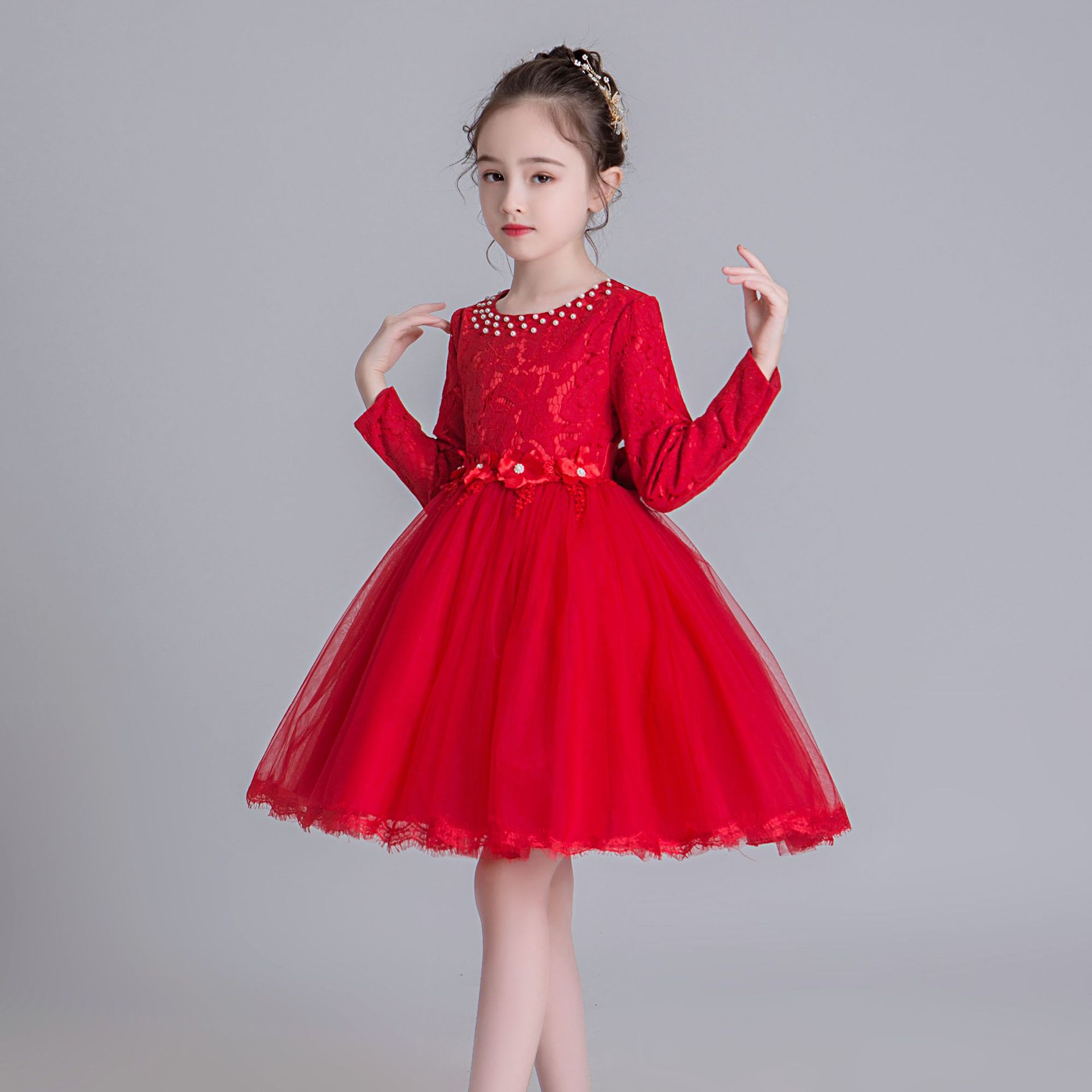 Girls' Princess Dress Autumn and Winter New Long sleeved Lace Fluffy Dress Girls' Birthday Piano Performance Dress