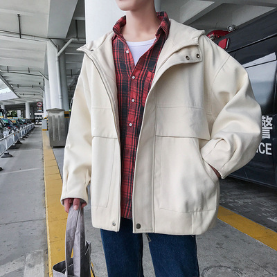 港风ins宽松情侣款工装外套男 韩版潮流帅气毛呢短款大衣秋冬风衣|ms