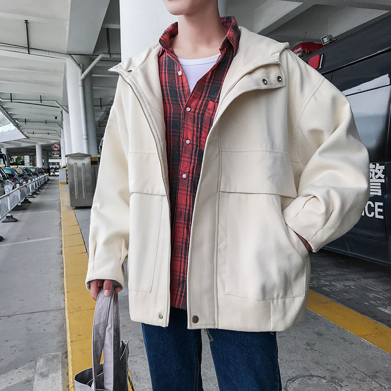 港风ins宽松情侣款工装外套男 韩版潮流帅气毛呢短款大衣秋冬风衣|ms