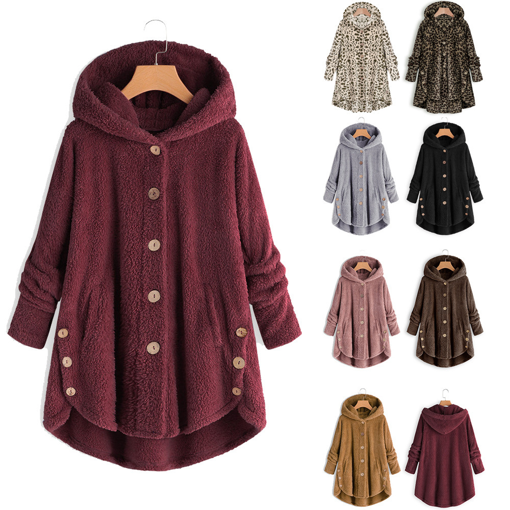 亚马逊ebay2022冬新时尚女装欧美纽扣毛绒上衣不规则潮牌纯色外套