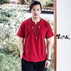 民族中国风棉麻衣服男士棉麻V领短袖T恤男式薄款修身上衣夏