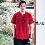 民族中国风棉麻衣服男士棉麻V领短袖T恤男式薄款修身上衣夏