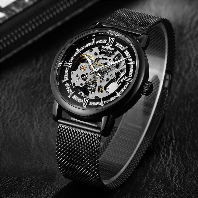 Ganador reloj mecánico automático de los hombres moda hueco transparente Fondo volante Acero inoxidable malla cinturón reloj mecánico B099