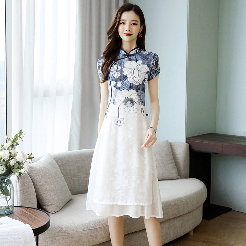 Papaya Milk Modified Cheongsam Printed Dress New Chinese Style Long Elegant Slim-fit Elegant Chiffon Dress for Women Papaya Milk Modified Cheongsam Printed Dress New Chinese Style Long Elegant Slim-fit Elegant Chiffon Dress for Women
