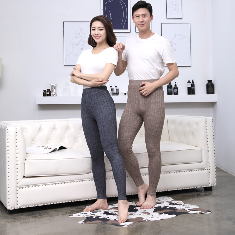 秋冬季双层加厚高腰修身保暖裤男女情侣款纯色打底裤女羊毛裤线裤