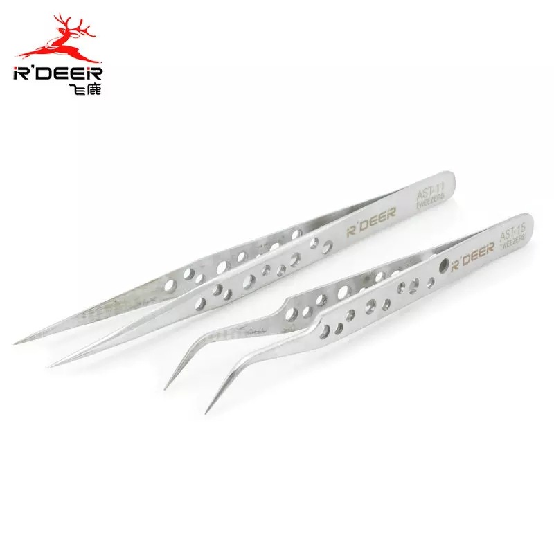 货源直供飞鹿加硬不锈钢电子镊尖咀弯咀加厚九孔镊子AST-11AST-15