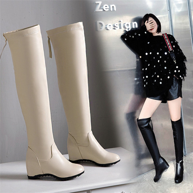 Back zipper fashion in autumn and winter casual slope heel high barrel knee length women’s boot 
