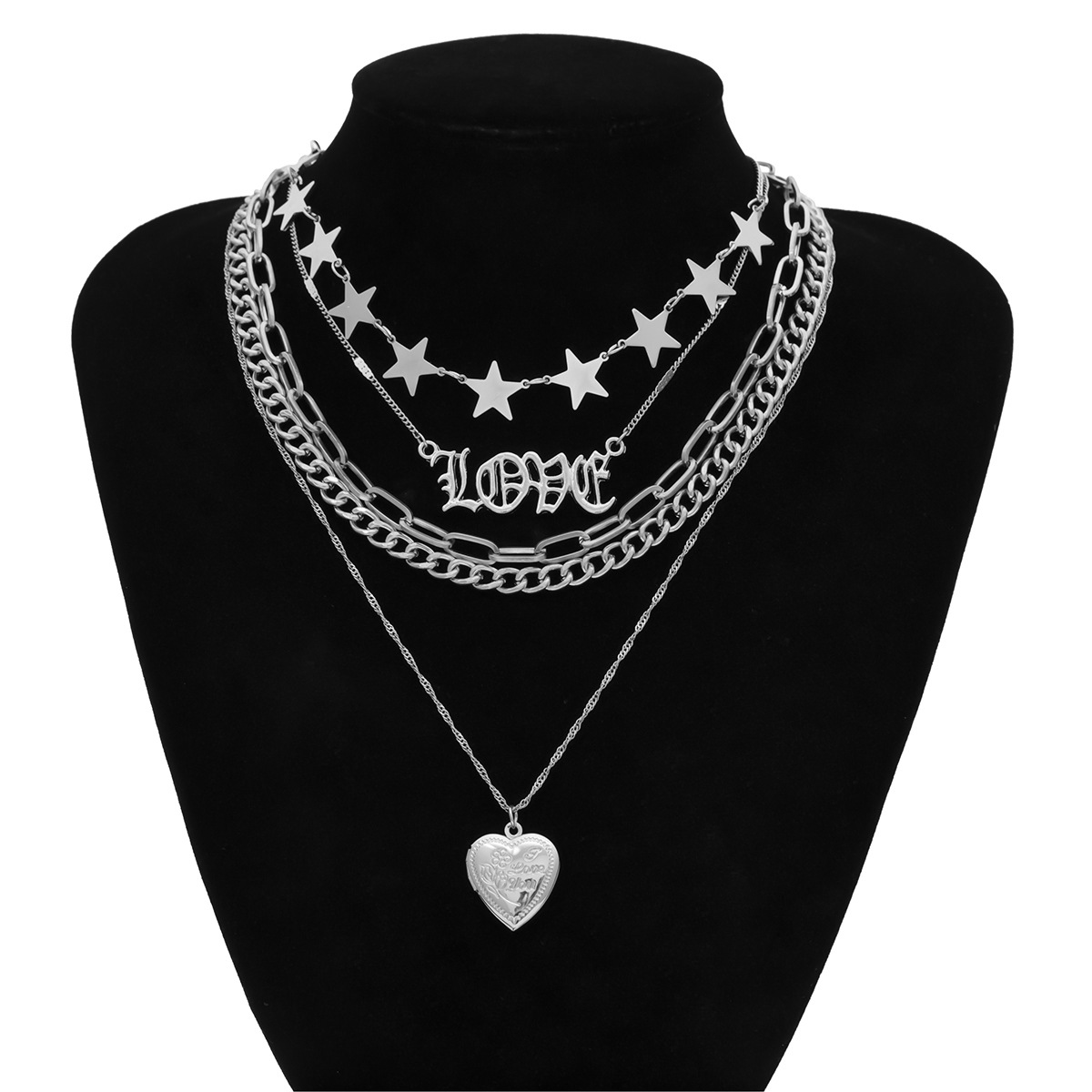 Vintage Chain Open Heart Multilayer Star Love Geometric Necklace display picture 20