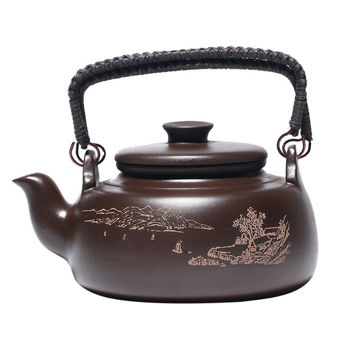Yixing raw ore purple clay handmade purple sand pot Changle lifting beam hand-painted landscape tea portable large-capacity pot tea set