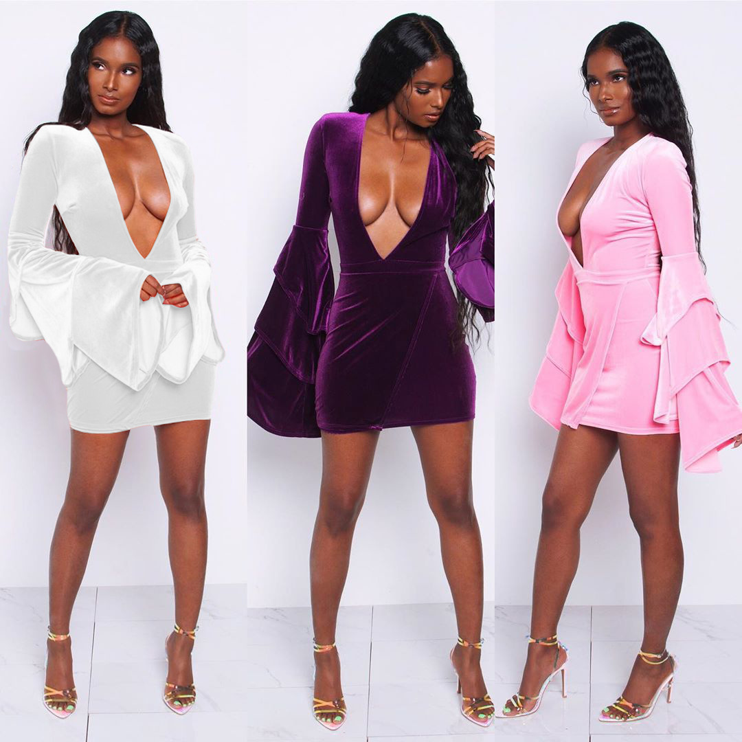 5270 跨境女装性感丝绒V领夜店连衣裙