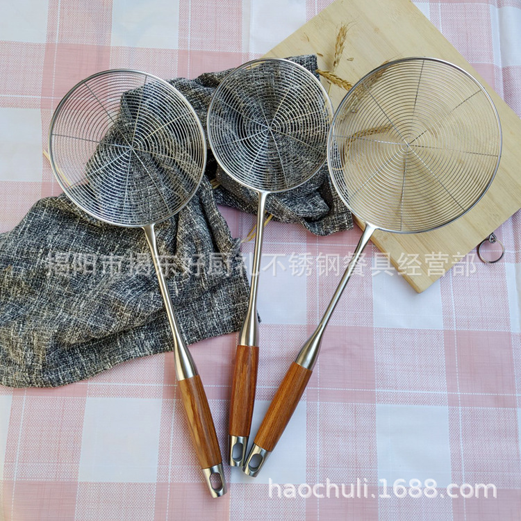 梨花木柄304不锈钢线漏 中空隔热火锅漏勺 油炸沥水过滤油格直销