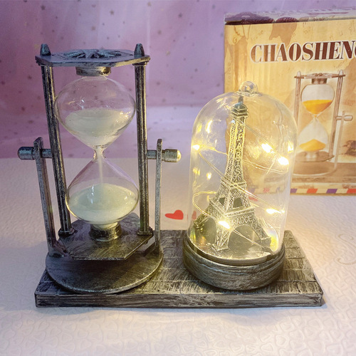 Creative Imitation Antique Quicksand Street Lamp Pen Holder Lantern Light Tower Student Gift White Hourglass Dual-color Small Night Light Ornament