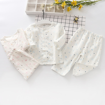 2019春夏新款婴幼儿薄款纱布长袖套装男女童纯棉内衣厂家直销|ms