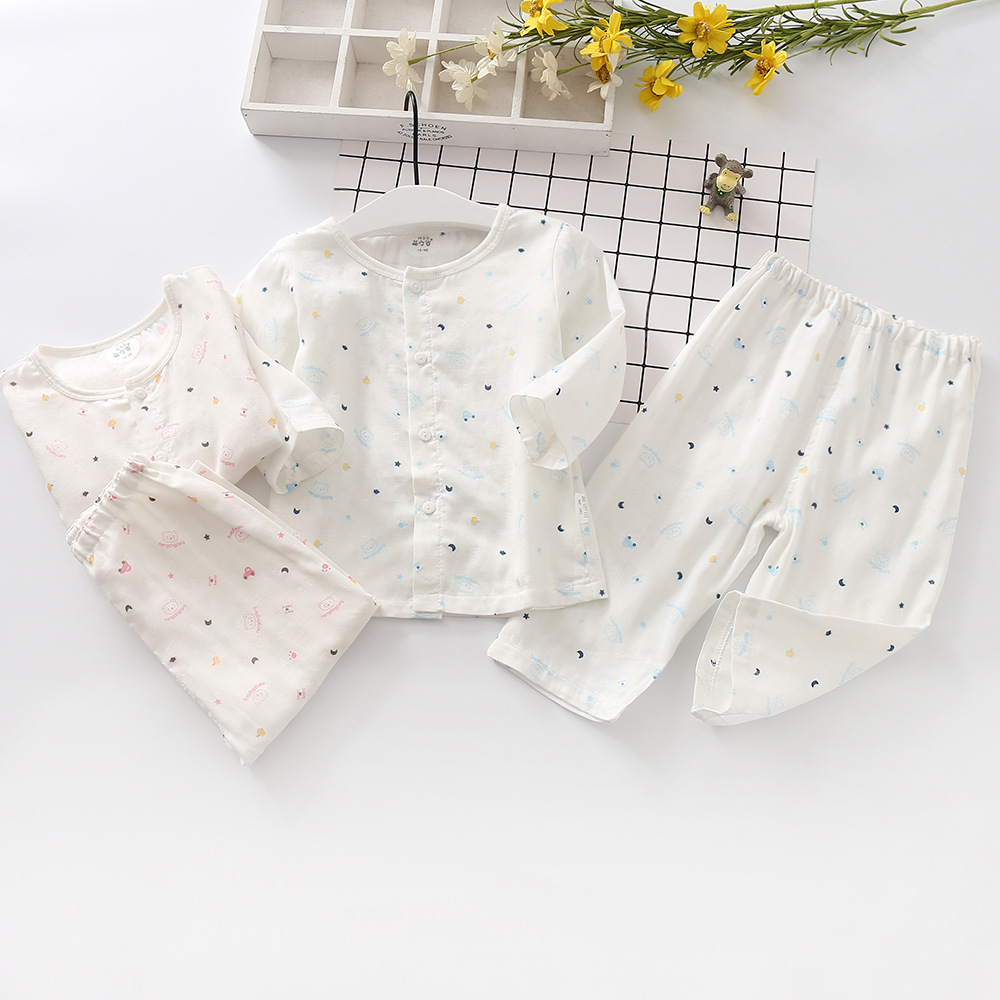 2019春夏新款婴幼儿薄款纱布长袖套装男女童纯棉内衣厂家直销|ms