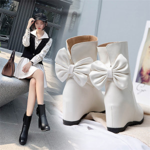 Autumn and winter new women’s short boots flat sole round head inside heightening small fresh bowknot versatile college 