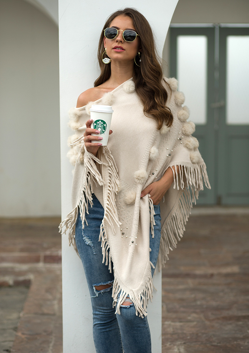 Fringed Hair Ball Beaded Round Neck Shawl Sweater NSMMY84041