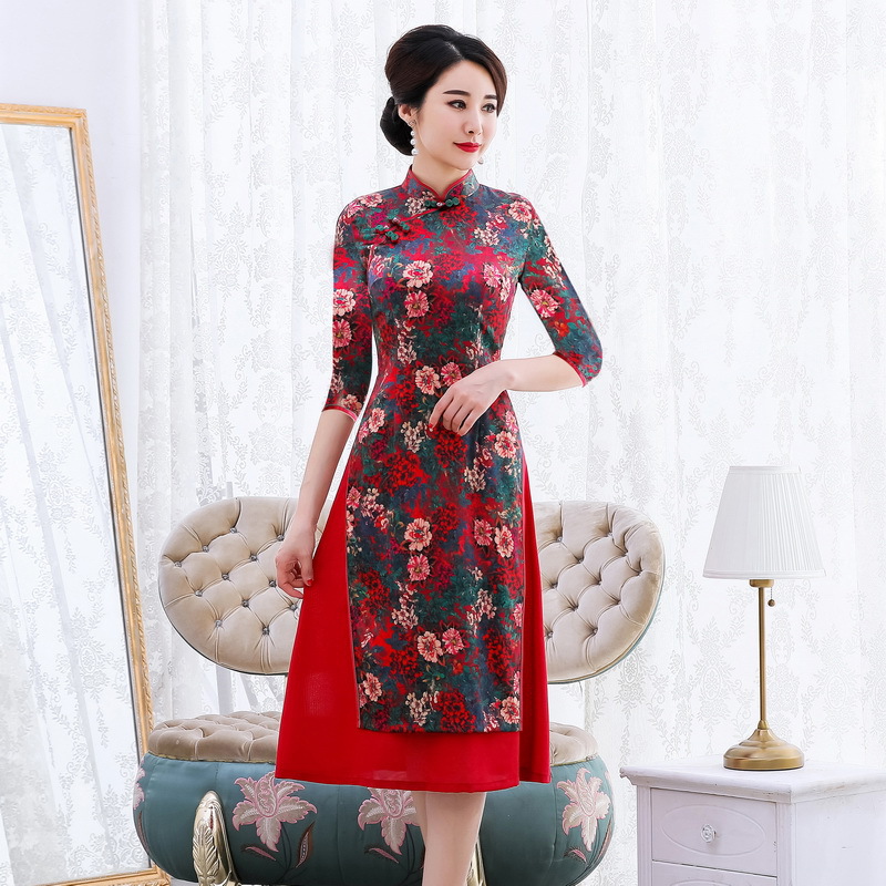 秋冬新款奥黛真丝旗袍改良民族风时尚日常宴会中老年妈妈装连衣裙