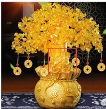 批发钱袋水晶树摆件金蟾元宝款黄水晶发财树摇钱树大中小号送