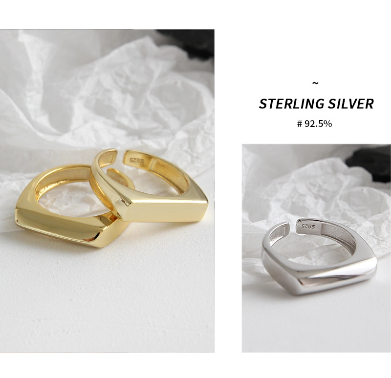 Korean S925 Sterling Silver Ring INS Minimalist Geometric Rectangle Glossy Open Female Ring Silver R
