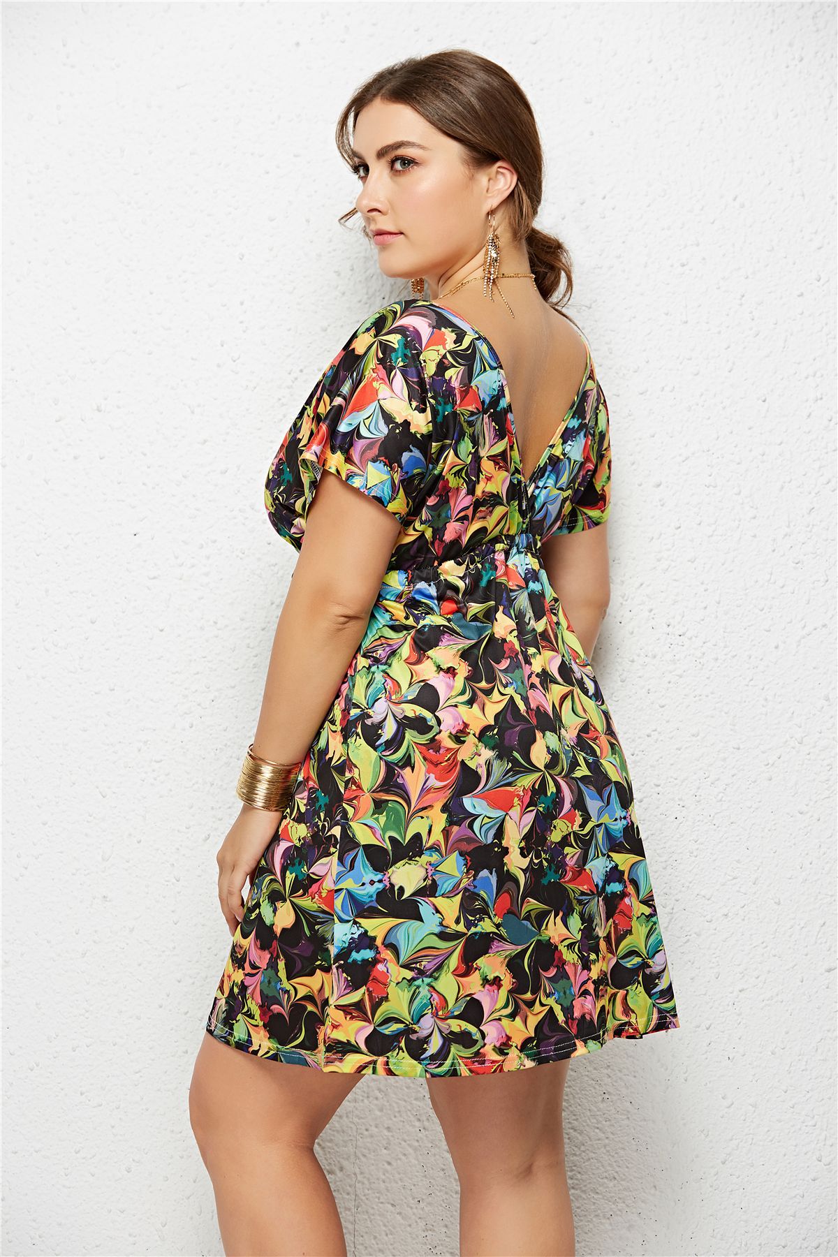 plus size sexy V-neck elastic waist printed dress  NSLM33280