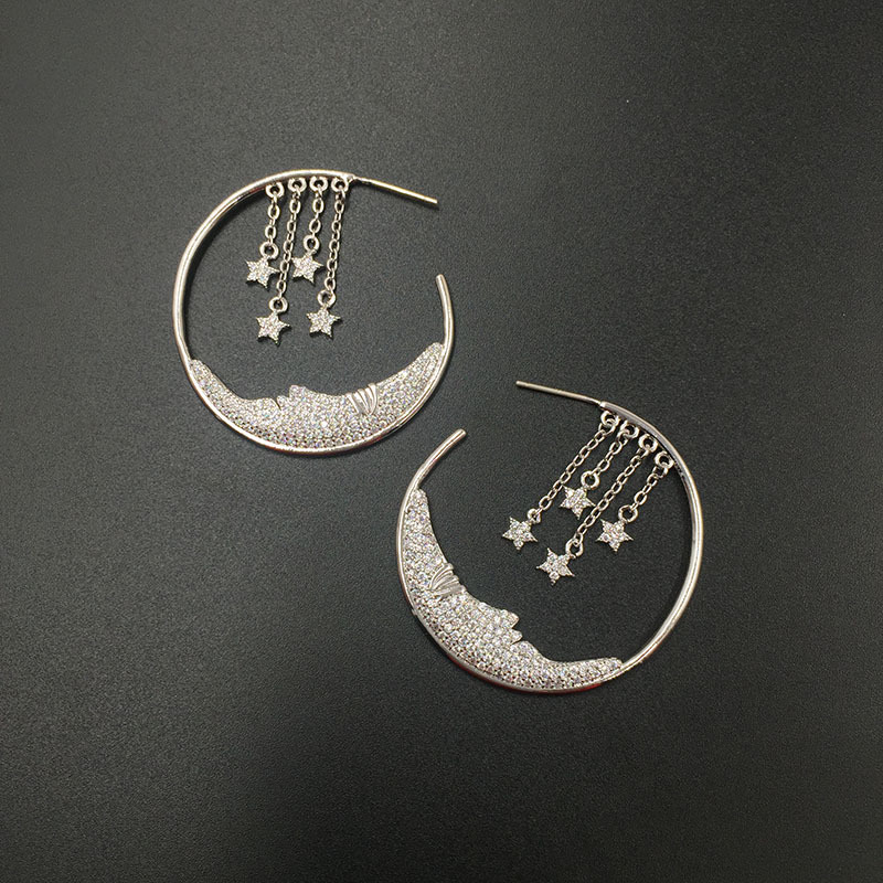 S925 Silver Pin Micro-inlaid Zircon Luxury Stars Tassel Earrings Moon Creative Circle Earrings display picture 2