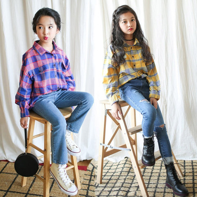 2020 Autumn and winter girl stripe Easy shirt Long sleeve new pattern CUHK pure cotton fashion lattice Long sleeve With children