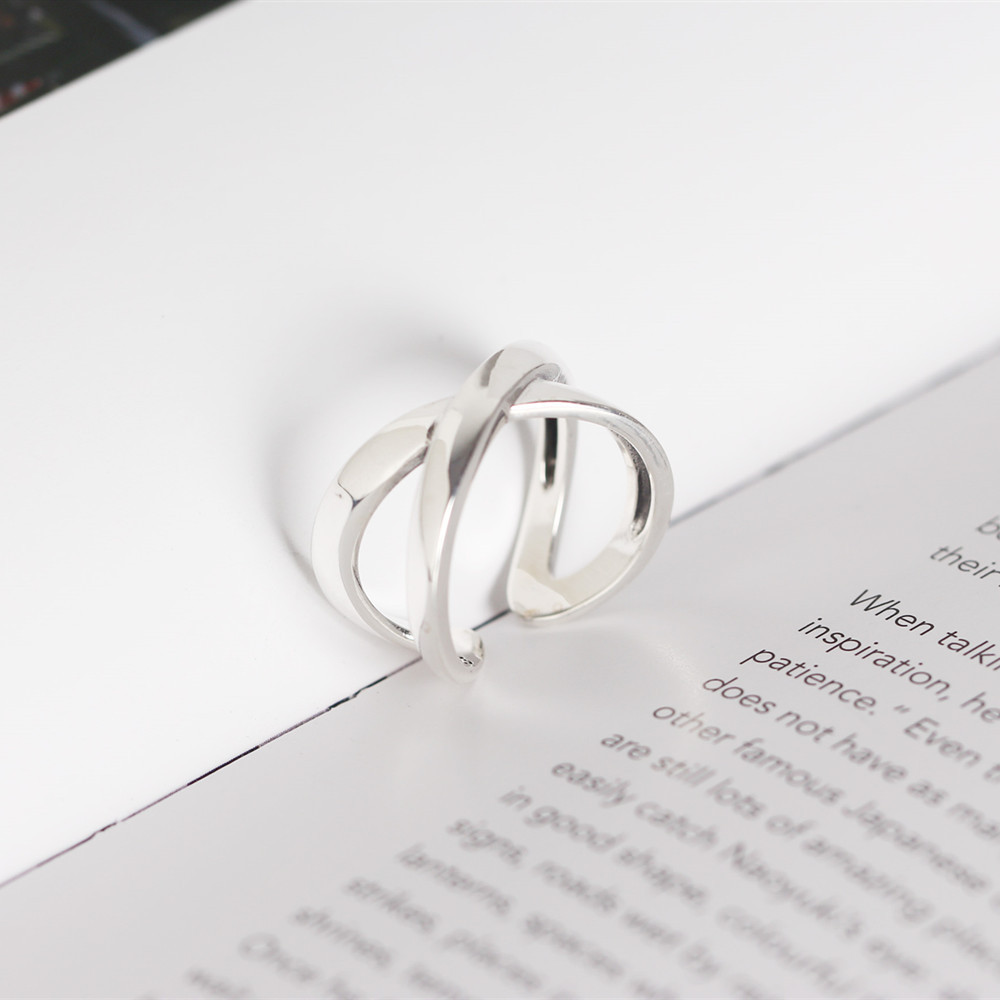 S925 Sterling Silver Ring Korean Smooth Cross Open Ring Personality Joint Ring display picture 5