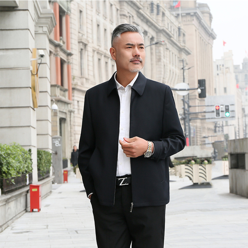 2019新款中老年男装夹克男式休闲加肥加大拉链薄外套男翻领爸爸装