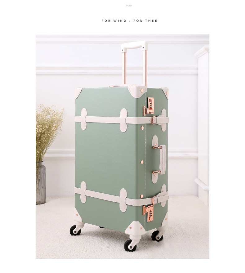 Vali kéo vintage da màu xanh lá cây 20 inch bánh xe xoay 360 độ, kèm hộp quà tặng — trà xanh matcha chi tiết 7