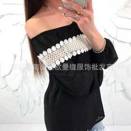 亚马逊 新款2019速卖通热卖欧美休闲花边长袖一字领上衣 厂家直销