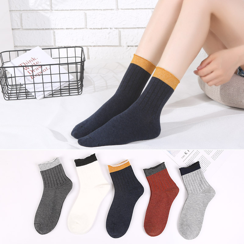 秋冬季新品花边女袜日系色个性中筒袜子女 厂家棉线袜现货批发