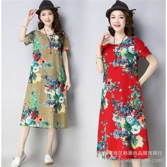 Одежда для матерей Платье с цветочным принтом для среднего и пожилого возраста Свободное облегающее мясное покрытие средней длины в этническом стиле, уменьшающее возраст, женская одежда больших размеров, модная