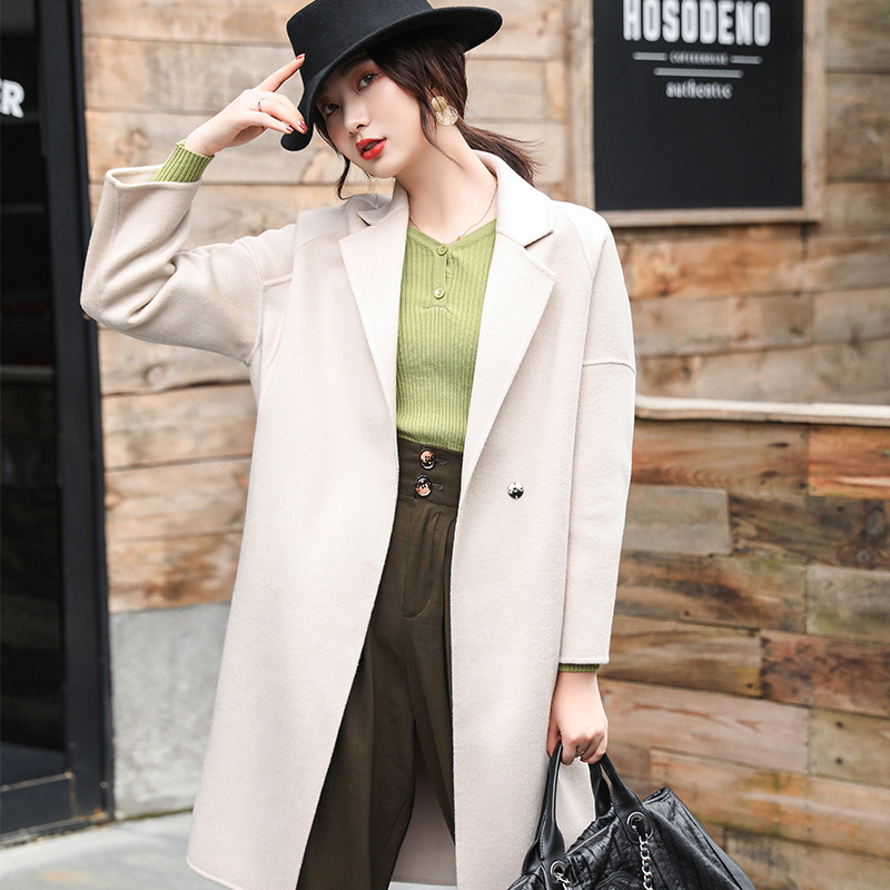 866# wool coat spring double-sided Tweed long cocoon Korean version of loose tweed coat women's candy solid color