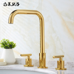 European style golden three-hole basin faucet hot and cold split washbasin bathroom cabinet bathroom all copper simple