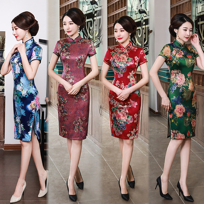 Chinese Dress Qipao for women Cheongsam printed short skirt national style retro large size women banquet dress