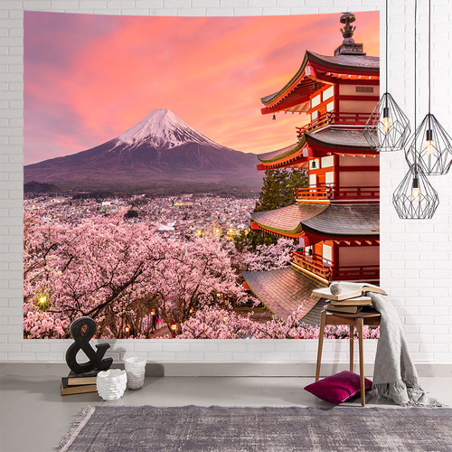 外贸家居日本富士山樱花挂布 网红北欧布艺挂画风景挂毯定