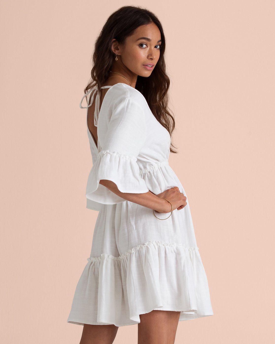 V-neck backless flared sleeves lace-up solid color beach outdoor cover-up NSMUX132642