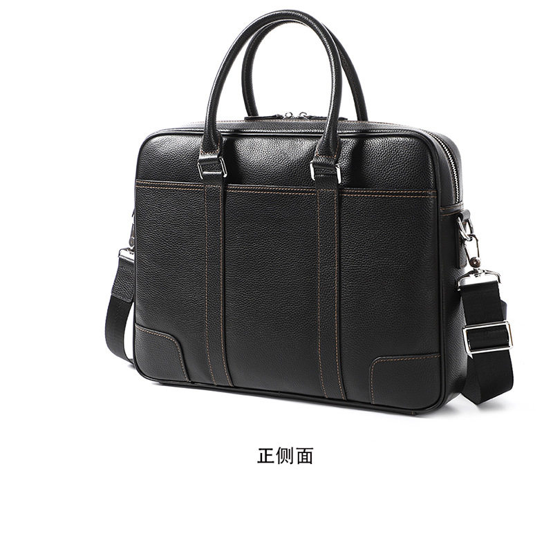 Túi xách công sở nam da bò thật dạng ngang đựng laptop 14 inch 39×28×8 cm — Màu đen dây nâu, Màu đen đường đen chi tiết 16