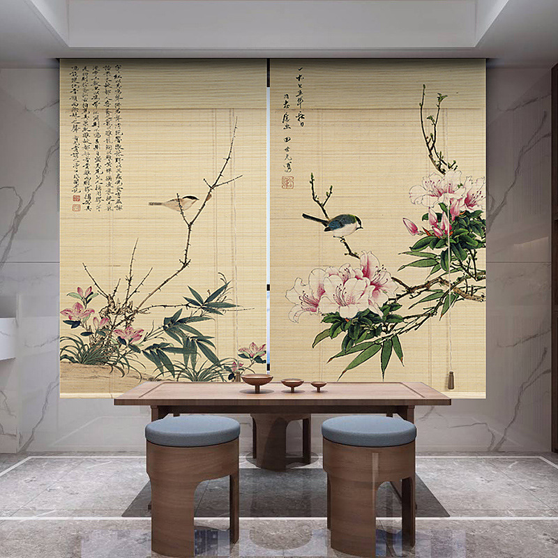 Bamboo Curtain Printed Curtain Roller Blind Door Curtain Partition Chinese Retro Zen Style Balcony Blackout Hand-Pull Adjustable Japanese-Style Bamboo Silk