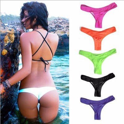 Cross-border European and American new sexy women's solid color pleated thong bikini multi-color swimming trunks sexy underwear