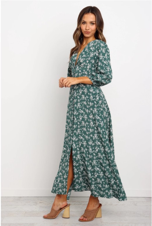  new printed long skirt V-neck pleated buckle three-quarter sleeves dress NSYD3721