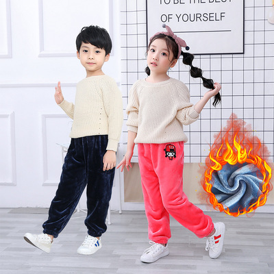 2019秋冬新款儿童家居打底裤法兰绒男女童束脚暖暖裤子一件代发|ms