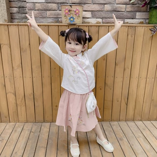 2020新款中大款绣花女童套裙民族风复古改良汉服唐装旗袍厂家批发