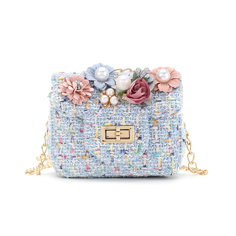Children's One-Shoulder Bag, Small Tweed Floral Purse with Chain Strap, Cute Patterns