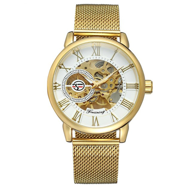 Forsining Fusini reloj mecánico manual para hombre Golden Hollow-out transparente inferior Milan metal malla Correa reloj 099