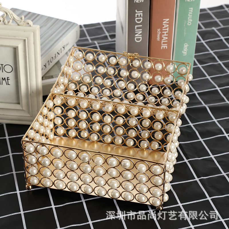 Caja de almacenamiento de lujo con luz, estilo europeo, cristal y perla, decoración de boda