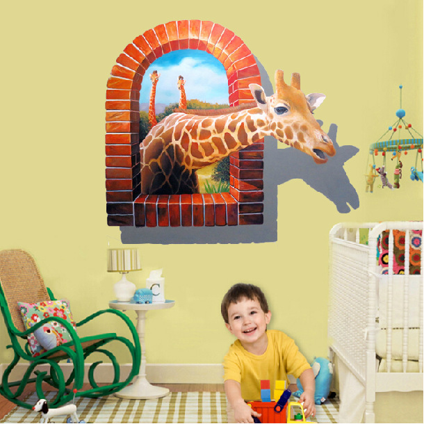 3D立体卡通破墙特色红砖窗口 长颈鹿墙贴动物园农场自粘贴纸GM048