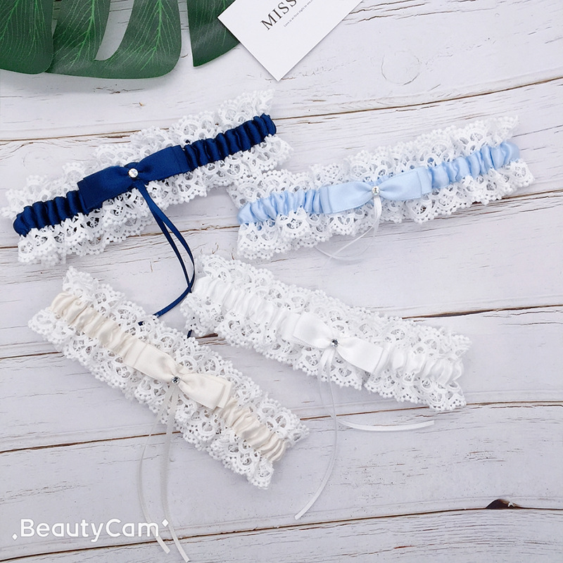 婚礼新娘袜带象牙白蕾丝腿环人造钻石蝴蝶结女士吊袜带新娘纪念品